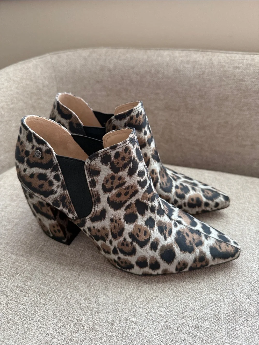 ANTONIO MELANI Leopard-Print Pointed Toe Ankle Booties in Brown and Black